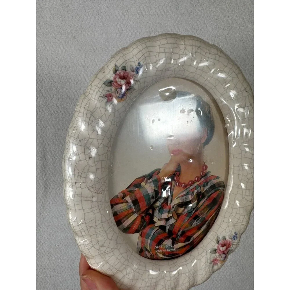 Vintage 90s Ceramic Crackle Glass Oval Picture Frame 5x7 Floral Cottagecore NEW!
